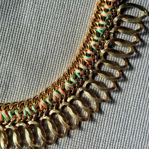Vintage ALDO Gold-Tone Interlocking Ring Fringe Statement Bib Necklace - Picture 3 of 8